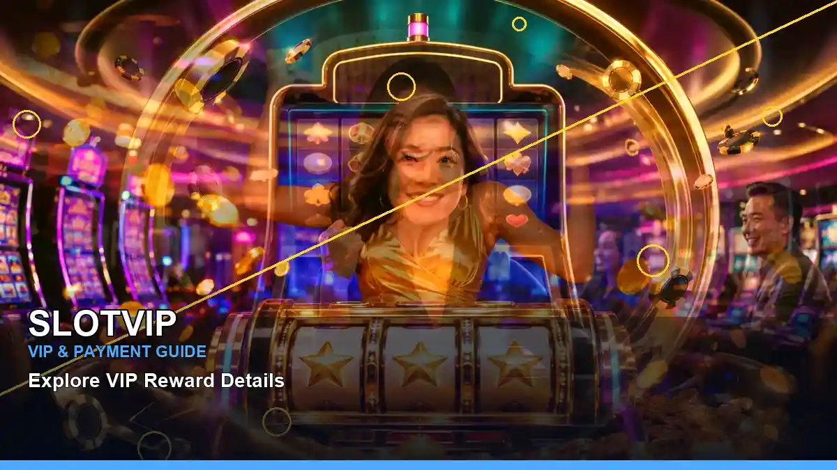 SLOTVIP online slot experience with bright reels and an adult Filipina casino host in a centred composition