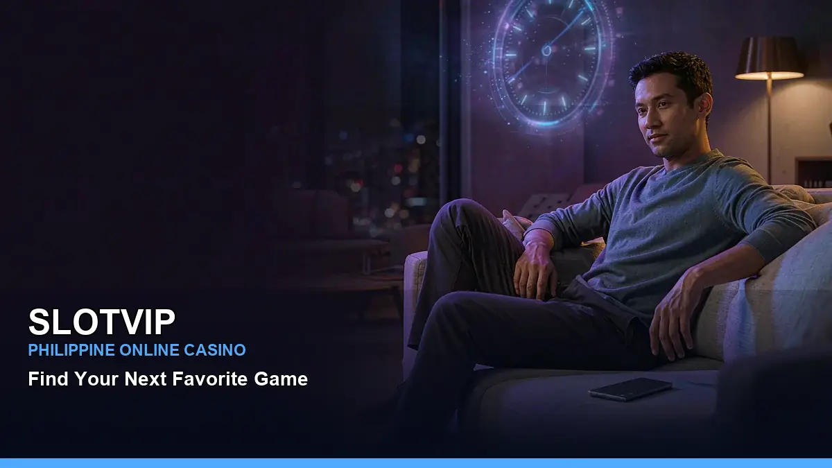 SLOTVIP Philippines casino guide showing an adult Filipina host, a clock-inspired hologram, and practical reminders for responsible play