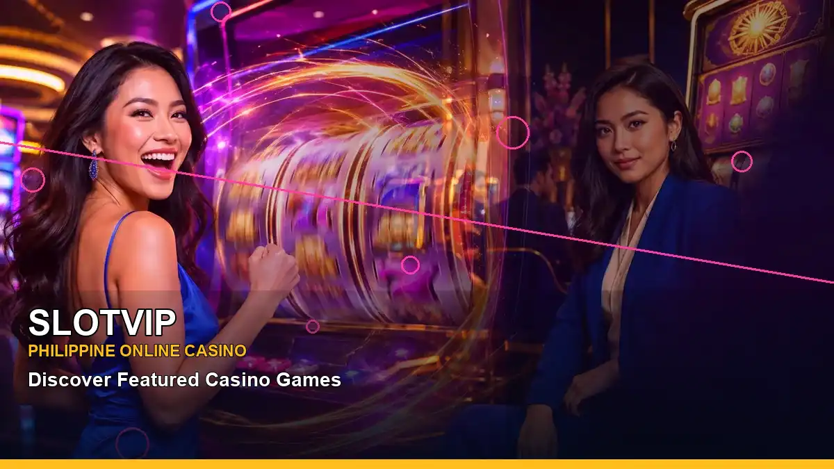 A neon SLOTVIP jackpot slots scene featuring an adult Filipina casino host in a left-positioned composition