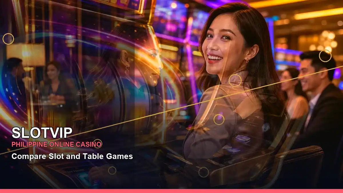 SLOTVIP VIP lounge rewards presented with an adult Filipina casino host in a left-diagonal visual composition
